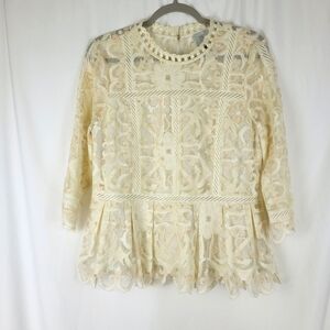 Anthropologie HD in Paris Nautical Lace Top Ivory‎ Cream Peplum High Neck Size 8